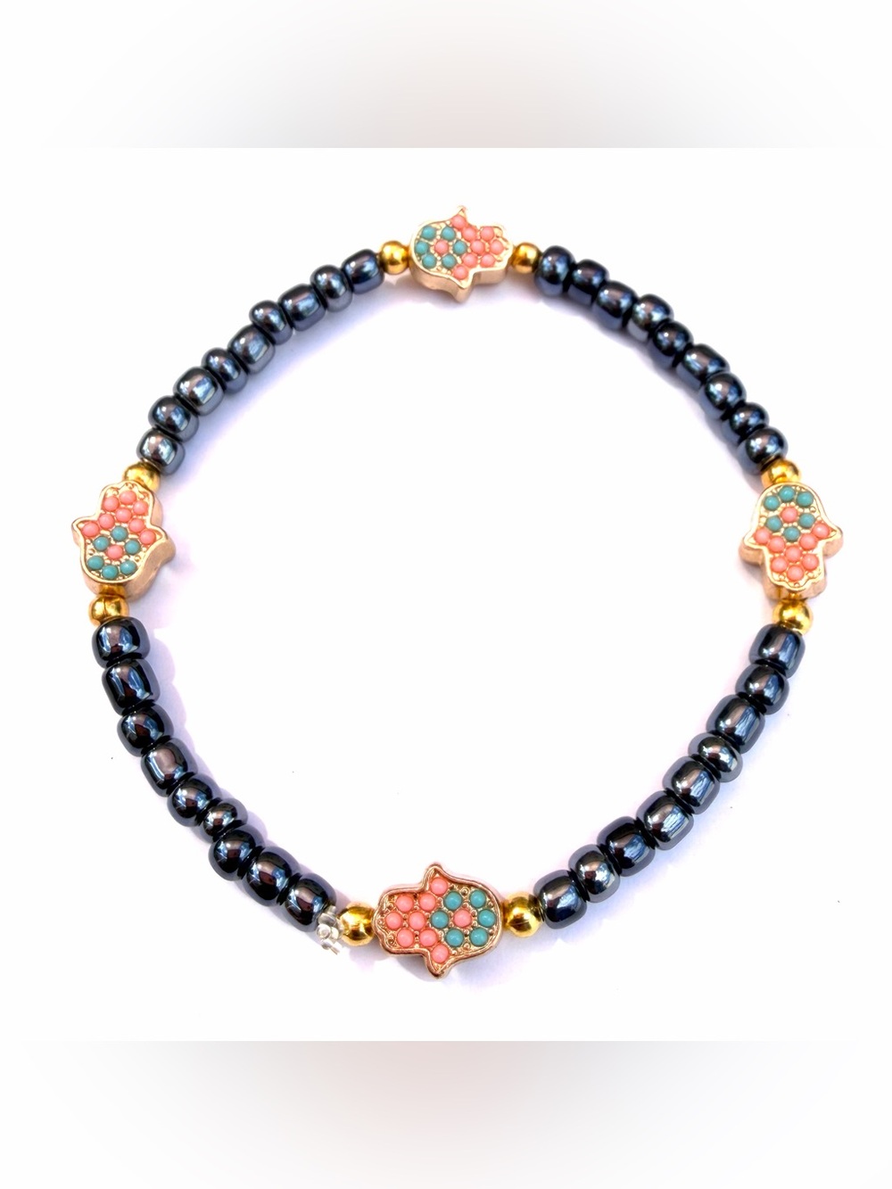 Gold Metal Hamsa Evil Eye Good Luck Charm Gray Seed Beaded Bracelet